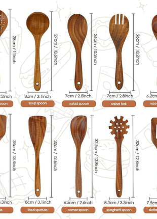comfoyar Teak Wooden Spoons for Cooking, 10 Pieces Kitchen Cooking Utenails Set with Spatula and Ladle, Heat Resistant Kitchen Cookware for Nonstick Pan