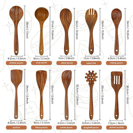 comfoyar Teak Wooden Spoons for Cooking, 10 Pieces Kitchen Cooking Utenails Set with Spatula and Ladle, Heat Resistant Kitchen Cookware for Nonstick Pan