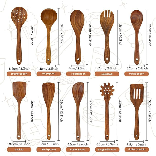 comfoyar Teak Wooden Spoons for Cooking, 10 Pieces Kitchen Cooking Utenails Set with Spatula and Ladle, Heat Resistant Kitchen Cookware for Nonstick Pan