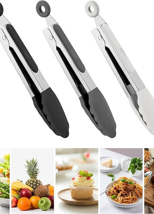 7-Inch Silicone Tongs Pack of 3, Small Tongs with Silicone Tips for Cooking, Barbecue, Buffet Serving (7", Black/Grey/White)