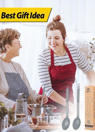 Pack of 2 Large Silicone Cooking Spoons,Non Stick Solid Basting Spoon,Heat-Resistant Kitchen Utensils for Mixing,Serving,Draining,Stirring (GREY)