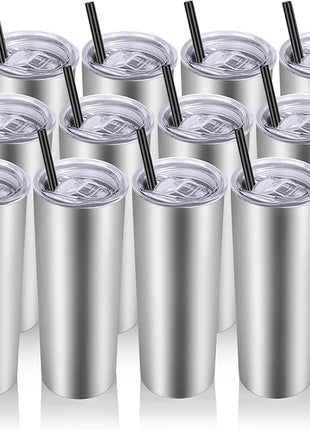 VEGOND Stainless Steel Tumblers Bulk 12 Pack, 20 oz Vacuum Insulated Skinny Tumblers with Lids and Straws, Double Wall Slim Tumbler, Travel Water Cup