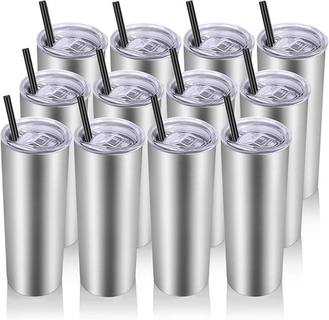 VEGOND Stainless Steel Tumblers Bulk 12 Pack, 20 oz Vacuum Insulated Skinny Tumblers with Lids and Straws, Double Wall Slim Tumbler, Travel Water Cup