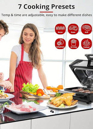 Electric Air Grill Fryer 7-in-1 Indoor Smokeless - 1750W Contact Grill with Non-Stick Removable Plates, Fast Even Heat, Flat Top Griddle See-Through Window Perfect for Healthy Grilling, 4Qt