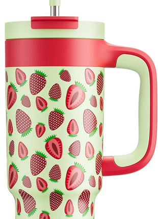 24 oz Metal Tumbler Cup for Girls: Easy Grip Handle, Leak-Proof when Sealed, Easy to Clean, Double Wall Vacuum Cup for Home, School, Daycare, Party, Picnic, Hiking, Travel, Gift (Strawberry Pop)