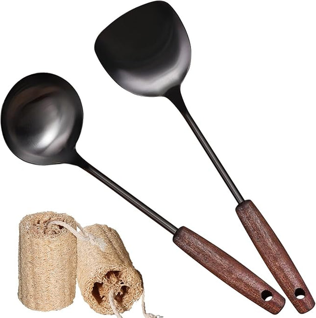 MARTE Spatula & Ladle Wok Tool Set,[High-Grade Titanium Plated, Heat Resistant]14.8-15 Inches Stainless Steel Vintage Wok Utensils,Kitchen Cooking Utensils Set of 2-Ergonomic Solid Wood Handle