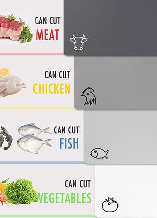 Fotouzy Flexible Plastic Cutting Board Mats with Food Icons, BPA-Free, Non-Porous, 100% Non-slip Back and Dishwasher Safe, Unique Modern Neutral Colors, Set of 4 Gray