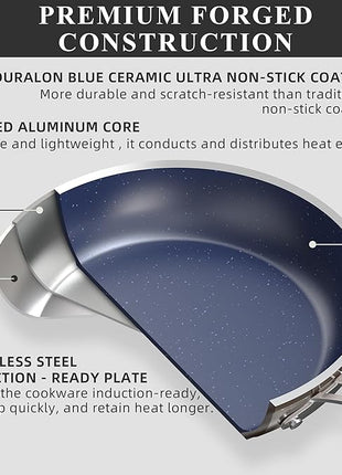 Nuwave Healthy Duralon Blue Ceramic Nonstick Cookware Set, Diamond Infused Scratch-Resistant, PFAS Free, Dishwasher & Oven Safe, Induction Ready & Evenly Heats, Tempered Glass Lids & Stay-Cool Handles
