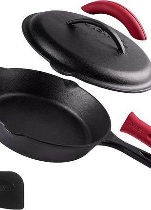Cuisinel Cast Iron Skillets Set with Lids - 8"+10"+12"-inch Pre-Seasoned Covered Frying Pan Set + Silicone Handle and Lid Holders + Scraper/Cleaner - Use Cookware Indoor/Outdoor, Oven, Stovetop, Fire