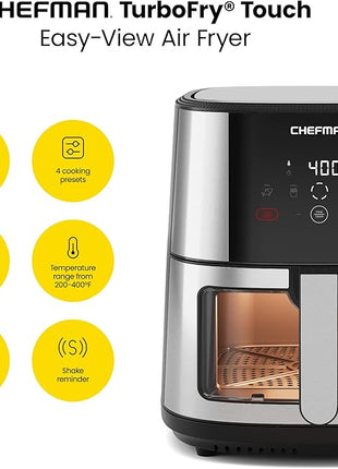 CHEFMAN Easy-View Air Fryer – 8 Qt Family Size with Viewing Window, One-Touch Digital Control with 4 Presets, Nonstick & Dishwasher Safe, Broil, Roast, Dehydrate, Bake, Auto-Shutoff, Stainless Steel