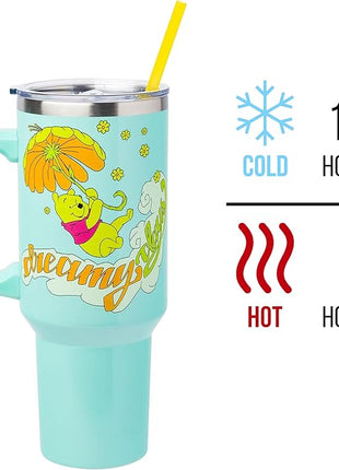 Silver Buffalo Disney Winnie the Pooh “Dreamy Days” Retro Art Stainless Steel Tumbler with Handle and Straw, Fits in Standard Cup Holder, 40 Ounces (Pack of 12)