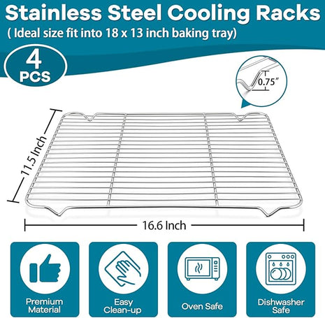 P&P CHEF Baking Cooling Rack Set for Cooking Roasting, 4-Piece Stainless Steel Wire Racks for Oven Use, Healthy & Dishwasher Safe, Rectangle, 16.6 Inch