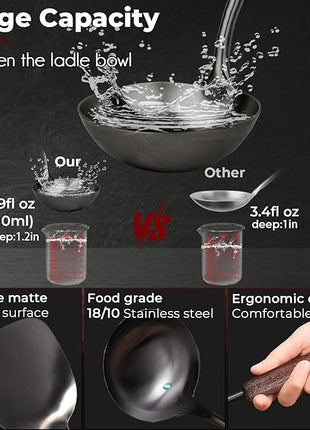 MARTE 18/10 Stainless Steel Cooking Utensil Set with Holder - 5 PCS Kitchen Serving Utensils Set - Spatula,Soup Ladle,Skimmer Slotted Spoon,Turner Spatula - Black Cooking Tools - Dishwasher Safe