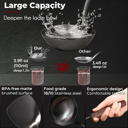 MARTE 18/10 Stainless Steel Cooking Utensil Set with Holder - 5 PCS Kitchen Serving Utensils Set - Spatula,Soup Ladle,Skimmer Slotted Spoon,Turner Spatula - Black Cooking Tools - Dishwasher Safe