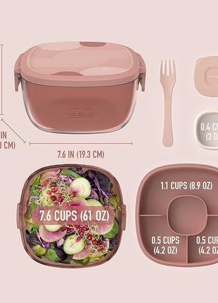 Bentgo Glass Prints All-in-One Salad Container - 61oz Tinted Glass Salad Bowl with Lid, Bento-Style Tray, Sauce Container, & Reusable Fork - Dishwasher & Microwave Safe (Mod Curve - Desert Rose)