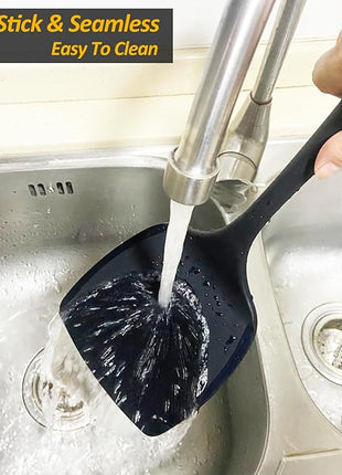 Silicone Pancake Spatula Turner with Lengthened Handle& Seamless Design, Heat Resistant Cooking Spatulas for Nonstick Cookware, Large Flexible Kitchen Utensils, Flipper for Egg, Pancake, Burger, Black