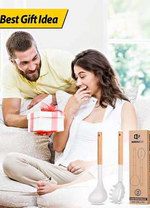 Silicone Pasta Fork and Ladle Spoon Set with Wooden Handle, Heat Resistant Non Stick Kitchen Utensils for Cooking, Stirring, Serving Spaghetti, Soup, Sauce(WHITE)