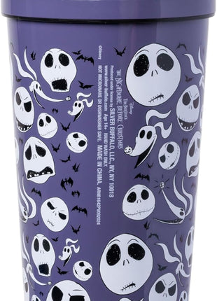 Silver Buffalo Disney Tim Burton's Nightmare Before Christmas Featuring Jack Skellington, Zero, and Bats Stainless Steel Tumbler with Straw and Cover Cap to Prevent From Spilling, 24 Ounces