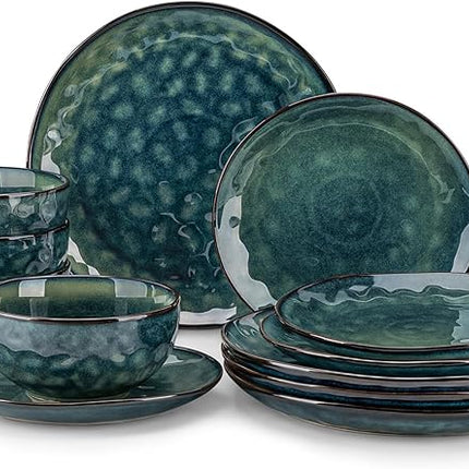 vancasso Starry Dinnerware Set for 4, Handmade Reactive Glaze Stoneware 12 Pieces Plates and Bowls Sets, Dishwasher and Microwave Safe Dish Set, Green