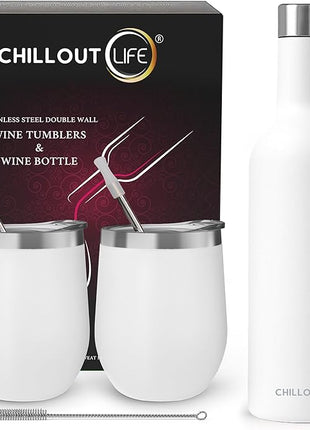 CHILLOUT LIFE 12 oz Stainless Steel Wine Tumblers 2 Pack & 1 Insulated Wine Bottle - Double Wall Vacuum Insulated Wine Glasses Cups with Lids and Straws Set Keeping Cold & Hot Gift Set