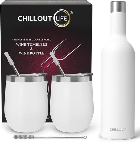 CHILLOUT LIFE 12 oz Stainless Steel Wine Tumblers 2 Pack & 1 Insulated Wine Bottle - Double Wall Vacuum Insulated Wine Glasses Cups with Lids and Straws Set Keeping Cold & Hot Gift Set