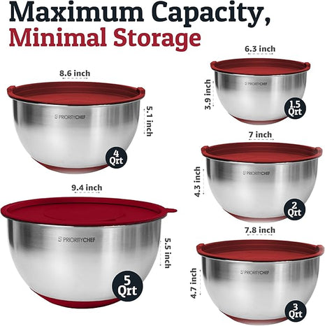 Priority Chef Stainless Steel Mixing Bowls with Lids Set, 3 Grater Attachments, Airtight Lids, Non-Slip Silicone Base Mixing Bowl Set, Large Prep Metal Mixing Bowls for Kitchen, Red