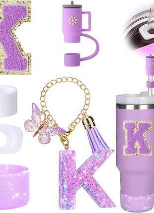 Mity rain 6PCS Cup Accessories Set for Stanley Cup 30oz 40oz tumbler with handle, Including Silicone Straw Topper Cover Cap and Boot, Spill Proof Stopper, Handle Charm, Initials Sticker (Letter K)
