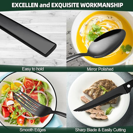 72-Piece Stainless Steel Black Silverware Set - CEKEE Flatware Kitchen Utensils Set, Cutlery Set for Home & Restaurant, Premium Knife Fork Spoon Set with Steak Knives, Heavy Duty & Dishwasher Safe
