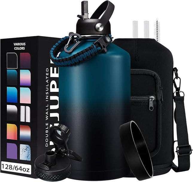 1 Gallon Water Bottle Stainless Steel - 128oz Insulated Flask Water Bottle with Sleeve Strap, Big Water Jug with Straw & Spout Lid, Gym Camping Gallon Water Bottle w/Paracord Handle, protective Boot