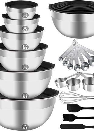 Mixing Bowls Set, 27PCS Stainless Steel Mixing Bowl with Lid Set, Large Nesting Bowls 7, 4.5, 3, 2.5, 2, 1.5QT, Measuring Cups and Spoons Baking Utensils Metal Bowl for Kitchen Prep