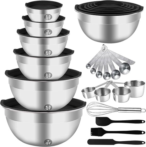 Mixing Bowls Set, 27PCS Stainless Steel Mixing Bowl with Lid Set, Large Nesting Bowls 7, 4.5, 3, 2.5, 2, 1.5QT, Measuring Cups and Spoons Baking Utensils Metal Bowl for Kitchen Prep