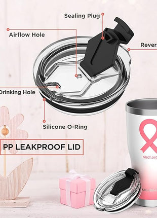 HAUSHOF 20 oz Tumbler, Stainless Steel and Double Wall Insulated Tumbler with Lid-Pink Ribbon for Birthday Christmas Gifts