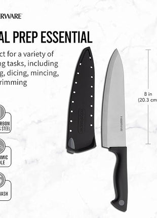 Farberware Edgekeeper 8-Inch Chef Knife with Self-Sharpening Blade Cover, High Carbon-Stainless Steel Kitchen Knife with Ergonomic Handle, Razor-Sharp Knife, Black