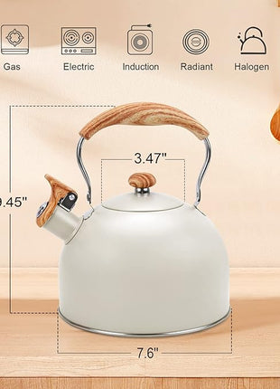 Tea Kettle Stovetop, 2.6Qt Whistling Tea Pots for Stove Top, Heat-resistant Folding Handle，Cute Teapot(Beige)