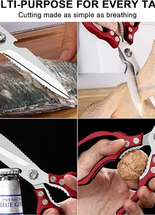 CGBE Kitchen Scissors All Purpose Heavy Duty, Ultra Sharp Stainless Steel Kitchen Shears Dishwasher Safe, Cooking Shears for Chicken, Poultry, Fish, Meat, Herbs & Grapes with Non-Slip Grips (Red)