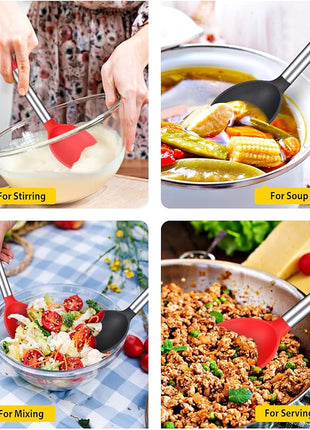 Pack of 2 Large Silicone Cooking Spoon Non Stick Solid Basting Spoons Heat-Resistant Kitchen Utensils for Mixing Serving (Black-Red)