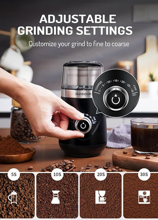 SHARDOR Electric Super Silent Blade Coffee Grinder, Timed Grind Control Rotary Knob, Adjustable Coarse to Fine for Coffee Beans, Spices & Herbs, with 2 Removable Stainless Steel Bowl, Black