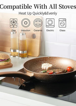 Innwewell Non Stick Frying Pan - Granite Stone Non Stick Skillet Frying Pans, Safe&No Toxic Egg Omelette Frying Pan, Small Nonstick Cookware Cooking Pan, Induction Compatible, PFOA Free(8inch, Gold)