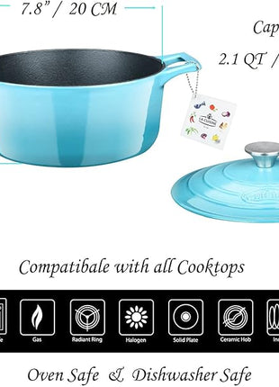 La Cuisine Enameled Cast Iron Dutch Oven Casserole Dish Pot with Lid, 2.1 QT 7.8" /20cm Dia. Internal Matte Black Enamel Coating, 2-tone Teal Enamel Exterior, Oven Safe up to 500° F for bread baking