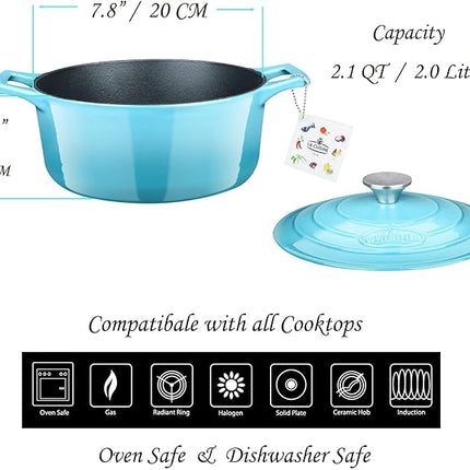 La Cuisine Enameled Cast Iron Dutch Oven Casserole Dish Pot with Lid, 2.1 QT 7.8" /20cm Dia. Internal Matte Black Enamel Coating, 2-tone Teal Enamel Exterior, Oven Safe up to 500° F for bread baking