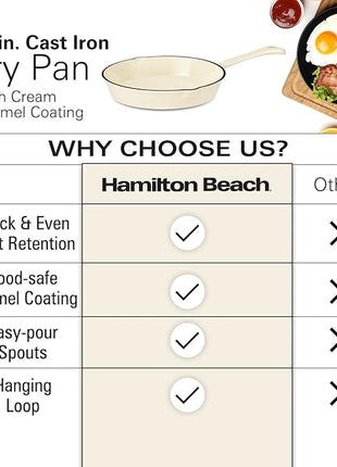 Hamilton Beach Enameled Cast Iron Fry Pan 10-Inch Cream, Cream Enamel Coating, Skillet Pan for Stove Top and Oven