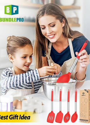 Pack of 4 Silicone Cooking Utensils Set, Non Stick Large Solid Spatulas, Heat Resistant Slotted Spoons, Ideal BPA Free Kitchen Turners for Frying, Mixing,Serving,Draining,Turning,Stirring (RED)