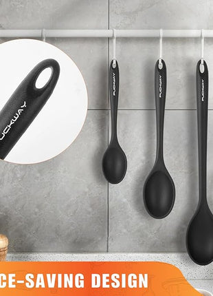 3 Pcs Silicone Spoons Set of 7.9 10.6 14.2 inch for Cooking, Heat Resistant Kitchen Spoons for Mixing, Stirring, and Serving, Small to Large Non Stick (Black)