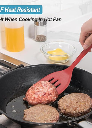 Silicone Spatula Turner Set, High Heat Resistant Spatulas with Seamless One Piece Design, Nonstick Rubber Flippers Utensils for Baking & Cooking,BPA-Free, Red, 11 IN