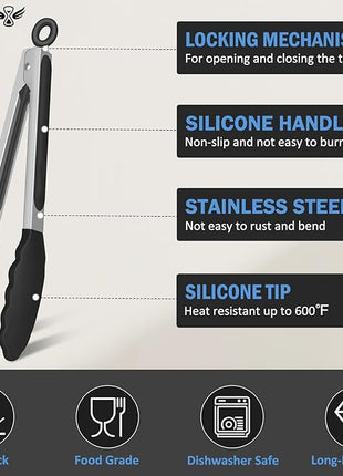 Kitchen Tongs, Set of 3 Stainless Steel Tongs with Silicone Tips Locking Cooking Tongs 600ºF Heat Resistant Tong for Cooking BBQ Grilling Air Fryer Serving Food Salads, 7"+9"+12" Black