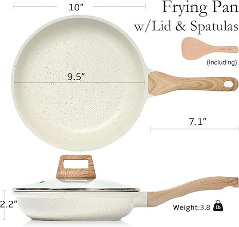 ESLITE LIFE Nonstick Ceramic Frying Pan Skillet with Lid, Non-Toxic Egg Omelette Kitchen Cooking Pans Compatible with All Stovetops (Gas, Electric & Induction), PTFE & PFOA Free (White, 9.5" w/Lid)