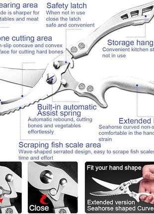 ANDONG Upgrade Heavy Duty Stainless Steel Kitchen Scissors - Professional Poultry Shears for Bone, Meat, Chicken, Fish, Turkey, Vegetables,Spring Loaded Multipurpose Ultra Sharp Utility Scissors