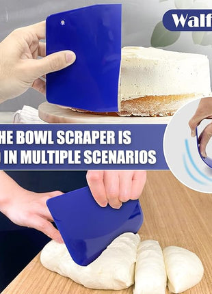 Walfos Dough Scraper Set of 3, Flexible Silicone Bowl Spatula, Kitchen Plastic Bench Dough Scraper Tool for Bread Dough, Sourdough, Cake, Fondant Icing, Blue & Teal/Aqua…