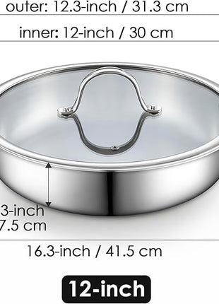 Cooks Standard Multi-Ply Clad Stainless Steel Wok Stir Fry Pan with Glass Lid, 12-inch large Stainless Steel Deep Frying Pan, Everyday Chef's Pan Flat Bottom Wok Induction Cookware