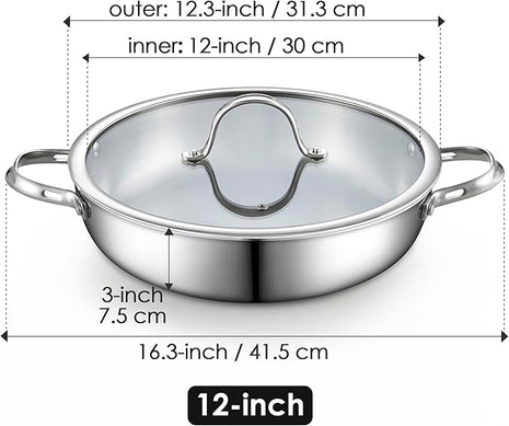 Cooks Standard Multi-Ply Clad Stainless Steel Wok Stir Fry Pan with Glass Lid, 12-inch large Stainless Steel Deep Frying Pan, Everyday Chef's Pan Flat Bottom Wok Induction Cookware